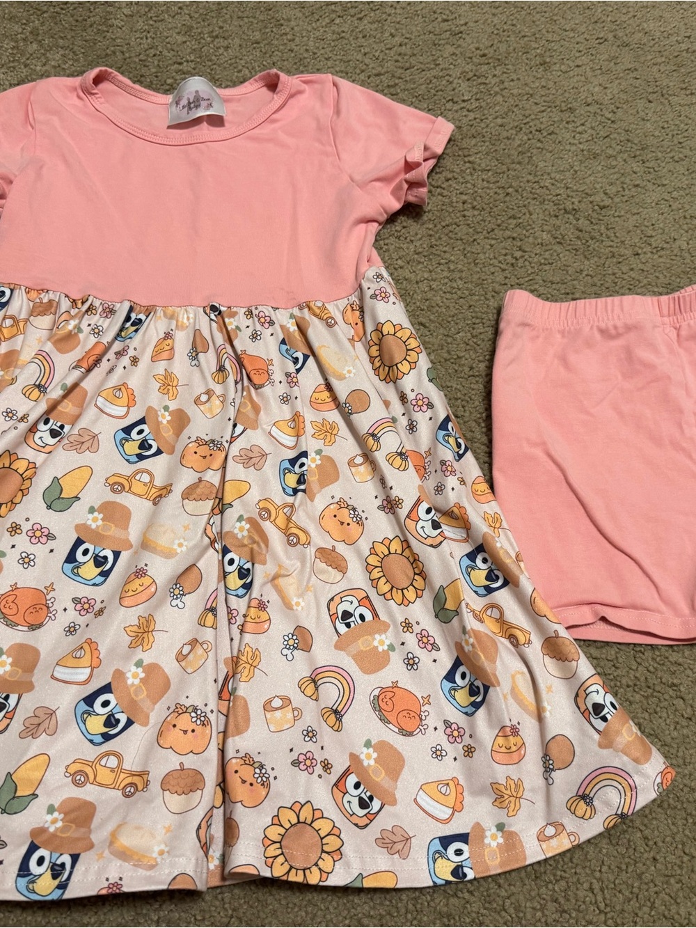Thanksgiving Bluey Girls' Pink Short Sleeve Dress Set with matching shorts